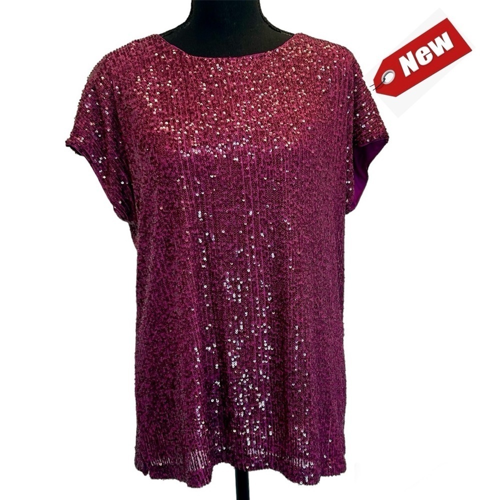 Cable & Guage raspberry purple sequin short sleeve blouse lined Sz L NWT